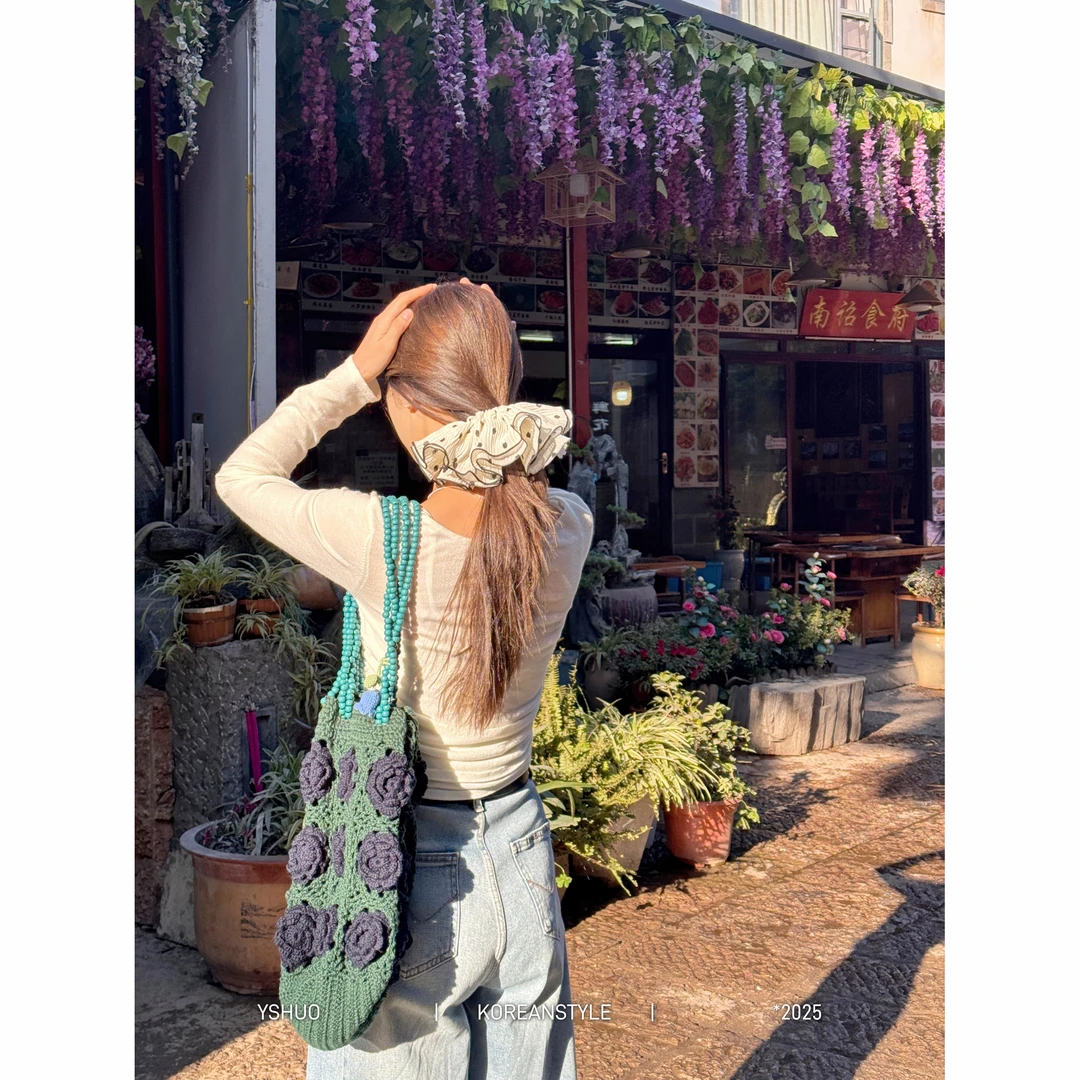 【墨染山茶】手工编制串珠大容量立体花朵单肩包 B2501