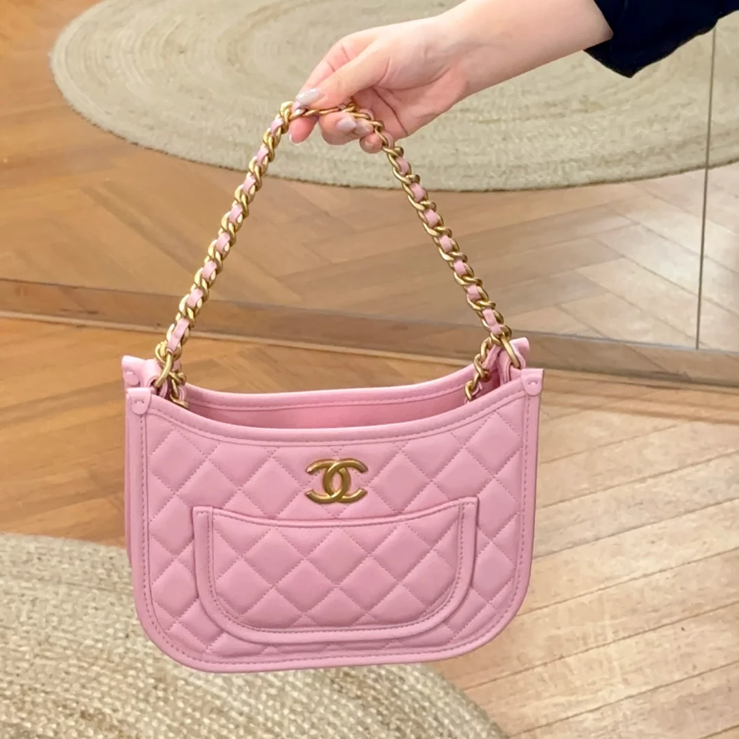 未使用 Chanel/香奈儿 24S hobo 粉色牛皮单肩包芯片款金扣/47292
