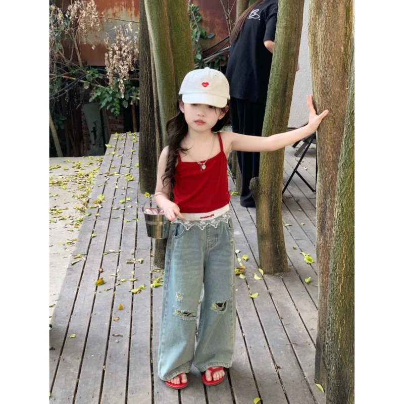 女童套装夏季新款时髦拼接蕾丝吊带背心儿童破洞牛仔裤