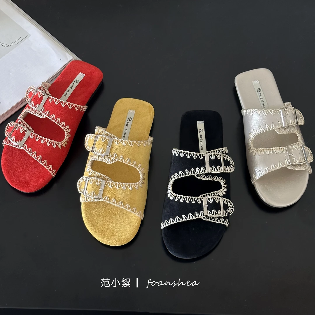 防滑平底露趾蕾丝沙滩夏季韩版一字拖女鞋方头外穿时尚