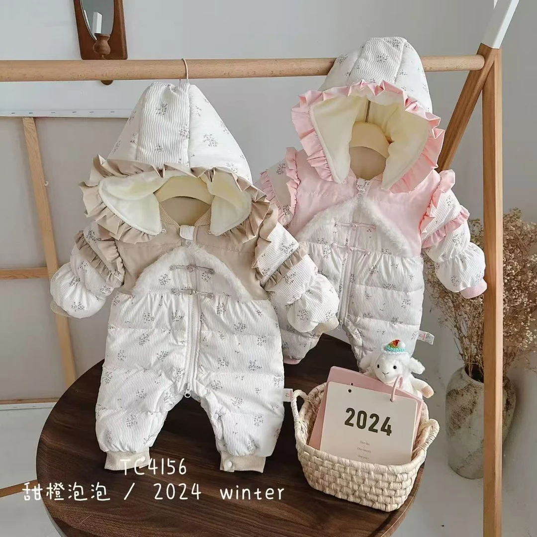 冬款新生儿婴儿连体衣外出服中式毛边满印小花白鸭绒羽绒服4156