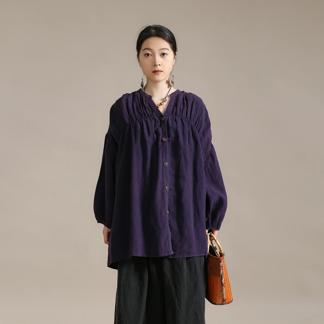 【以之】设计师品牌原创大版宽松亚麻上衣v领捏褶排扣舒适小衫女