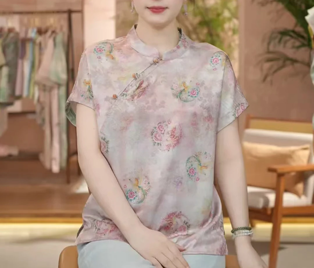 斜襟立领薄款中长款提花短袖上衣复古气质女装通勤风夏季