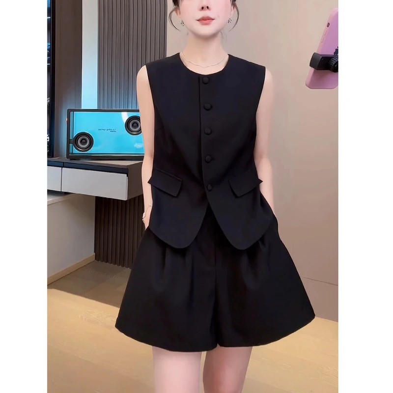 【黑曜石】无袖套装 时尚短款无袖上衣+半松紧腰短裤百搭洋气两件套