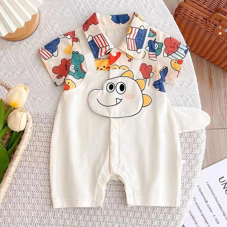 夏季薄款时尚卡通恐龙假两件连体哈衣男宝宝超萌外出可爱爬服