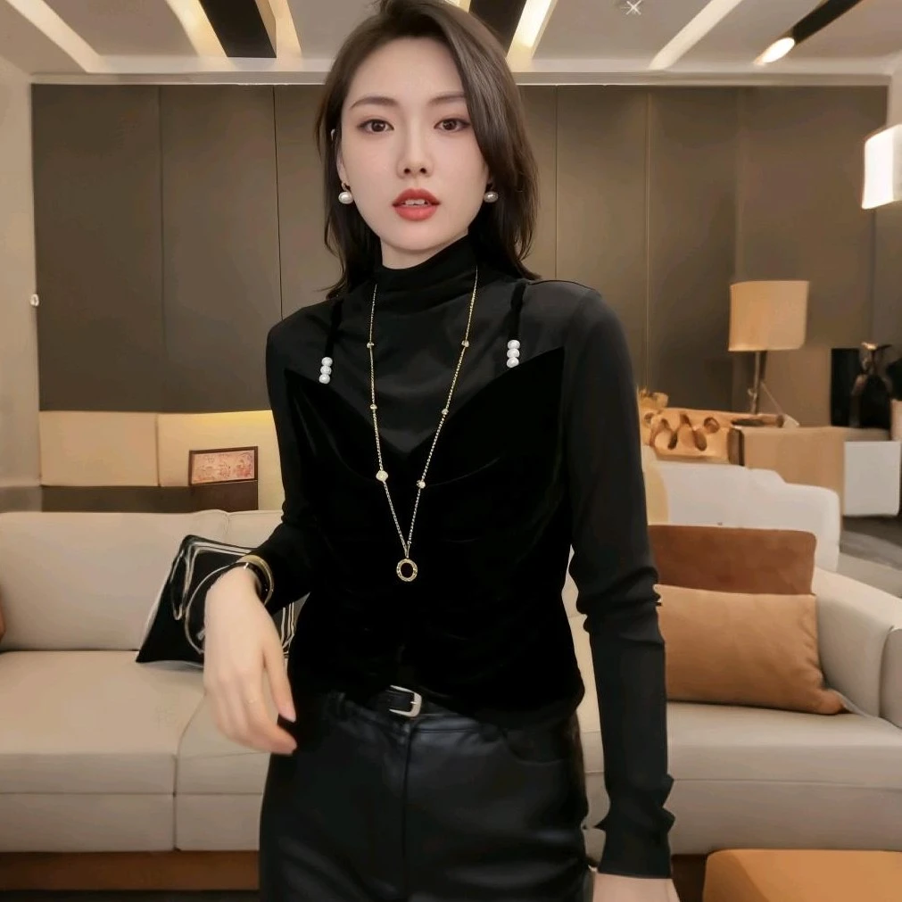 高领拼接假两件打底衫女显瘦半高领弹力打底T恤