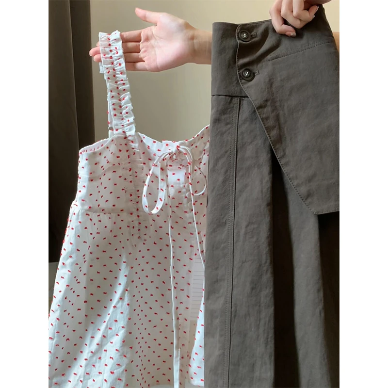 甜美纯欲红色波点印花系带背心女2025夏季新款显瘦百褶短裙子套装