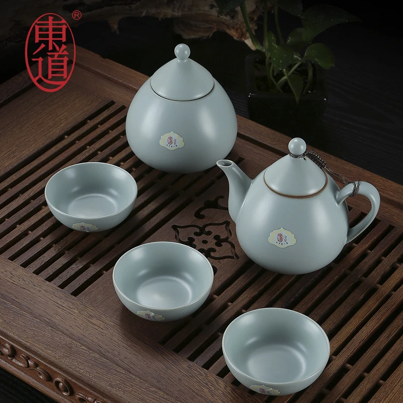 东道汝窑水滴茶壶组(天青)