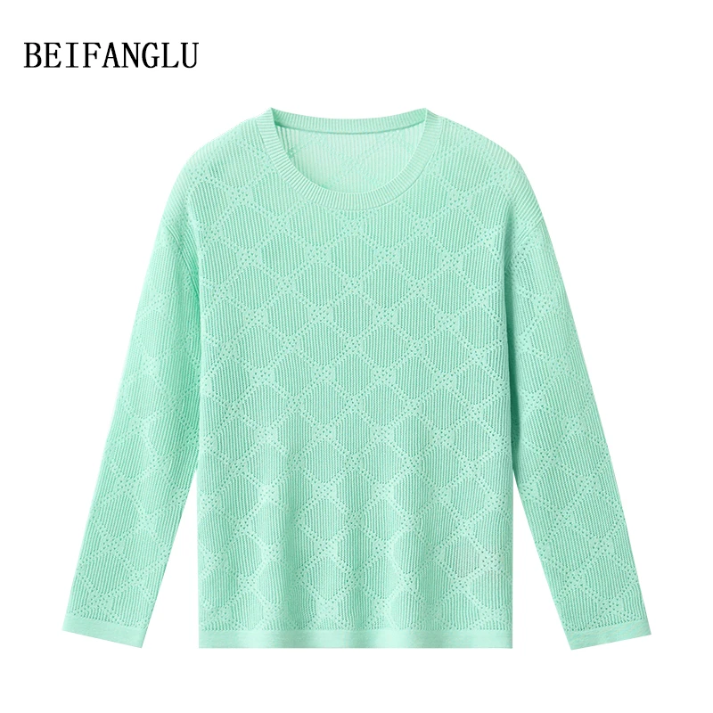 北方鹿【夏日防晒镂空罩衫】莱赛尔棉桑蚕丝气质菱格针织衫女251075