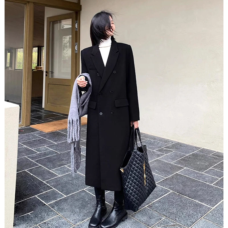大码女装黑色毛呢大衣女胖mm秋冬新款气质显瘦长款呢子外套200斤