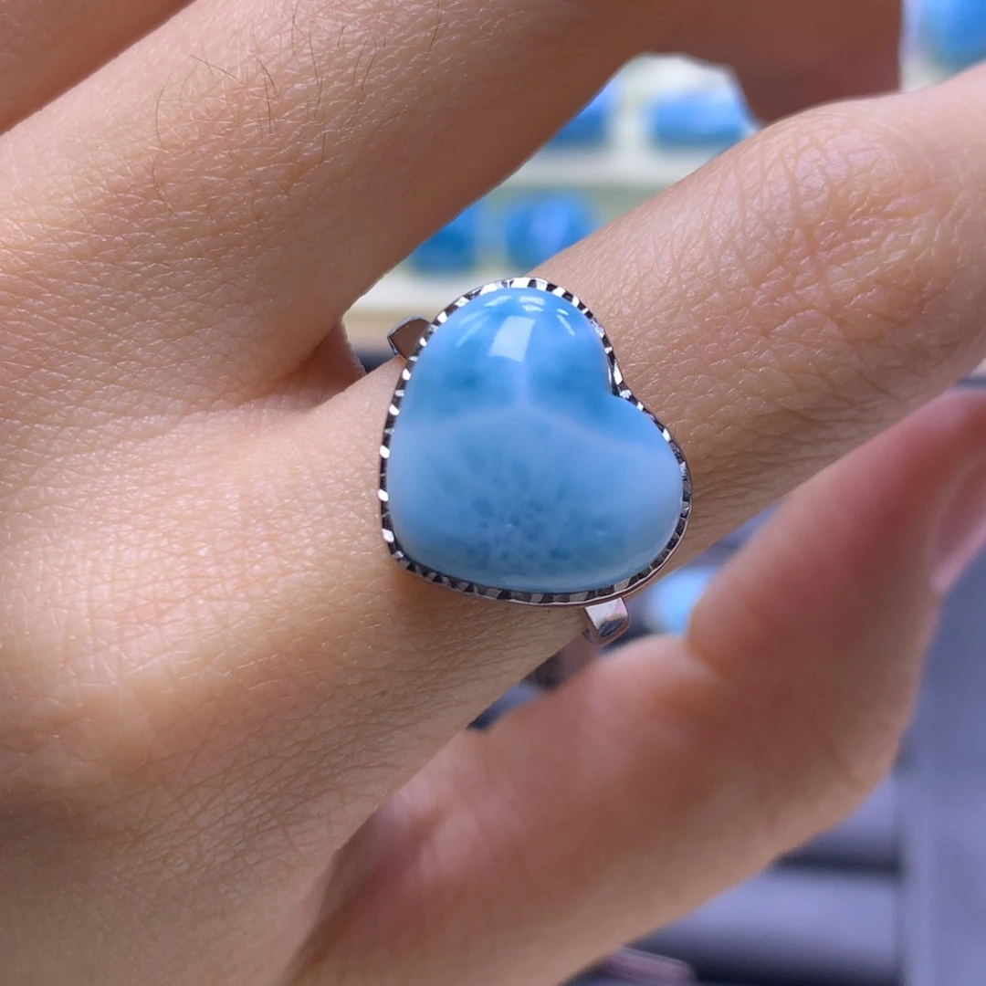 针钠钙石（海纹石）银S925镶嵌戒指爱心戒指色差略异