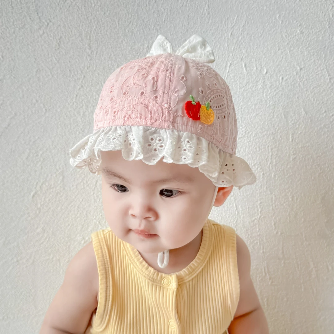 春夏0-12月薄款透气盆帽蕾丝花边渔夫帽女宝宝遮阳帽婴幼儿太阳帽
