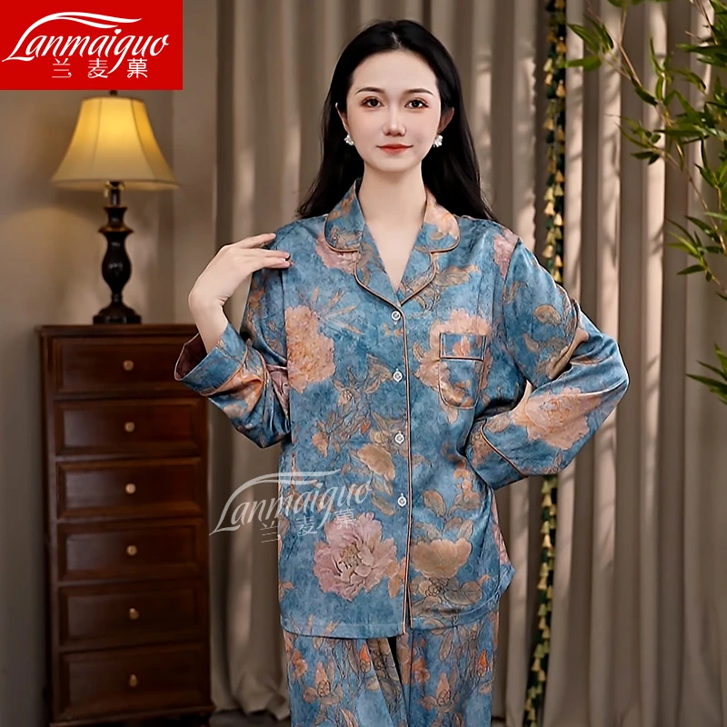 兰麦菓蓝色牡丹长袖春秋季睡衣女士2025新款中式宽松家居服两件套