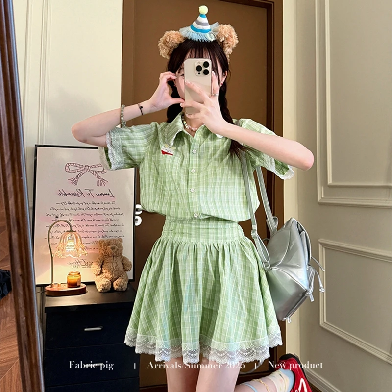 青苹果乐园 织物猪原创 学院风绿格子衬衫连衣裙女夏花边收腰短裙