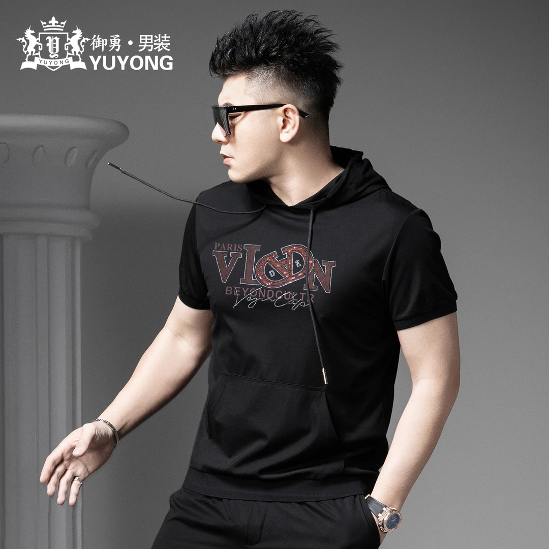 欧货高级感印花男士短袖T恤2025新款夏季潮牌休闲连帽半袖卫衣男