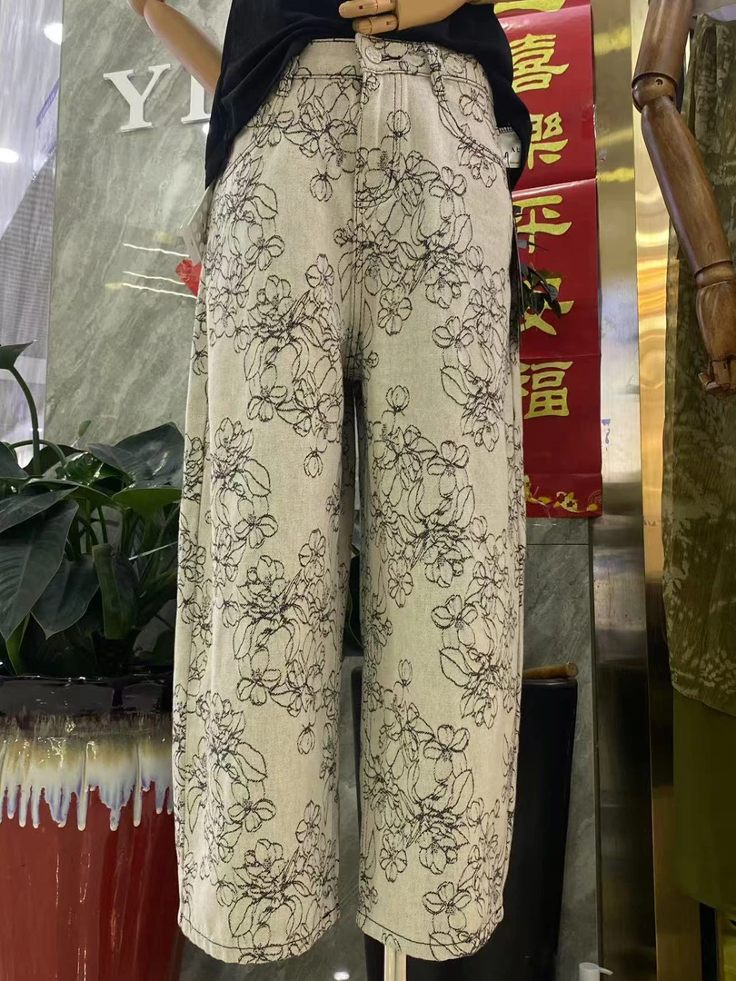 22525复古刺绣牛仔裤直筒裤子平安碎花长裤夏季