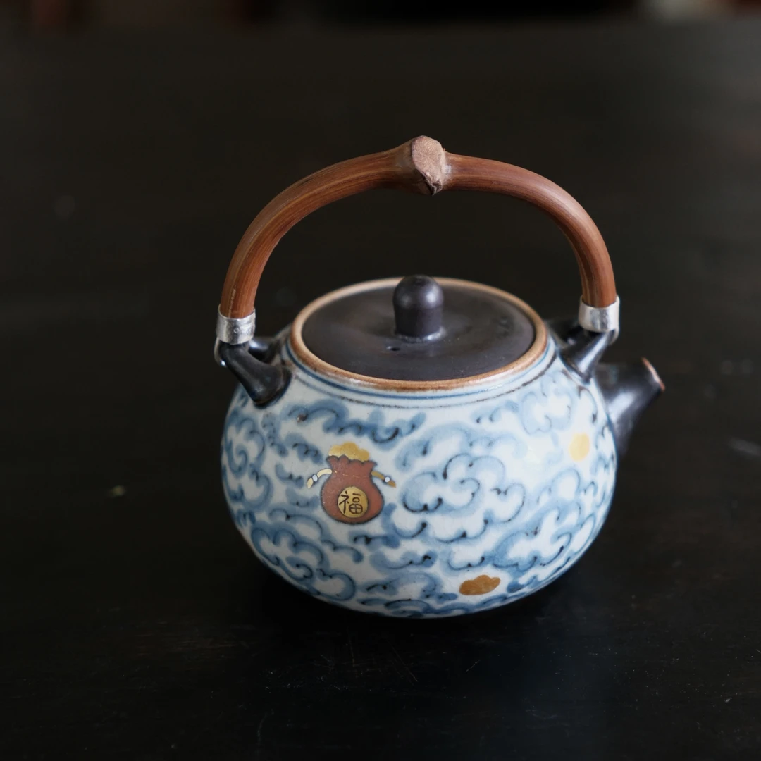 【半闲】朴云堂 | 描金祥云福袋提梁壶（福袋款）