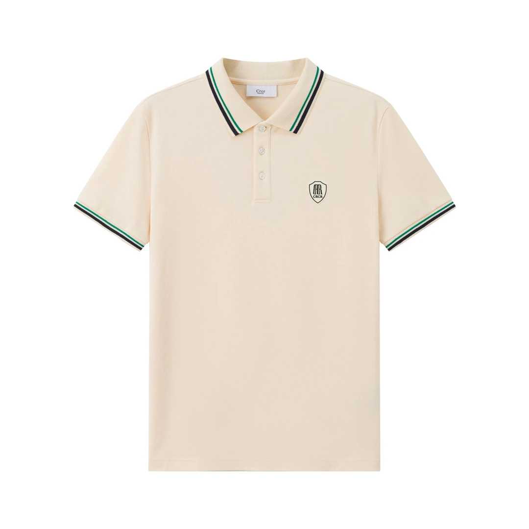 CRCR夏男士翻领正肩盾牌行政刺绣标条纹拼接简约红黑米白polo衫