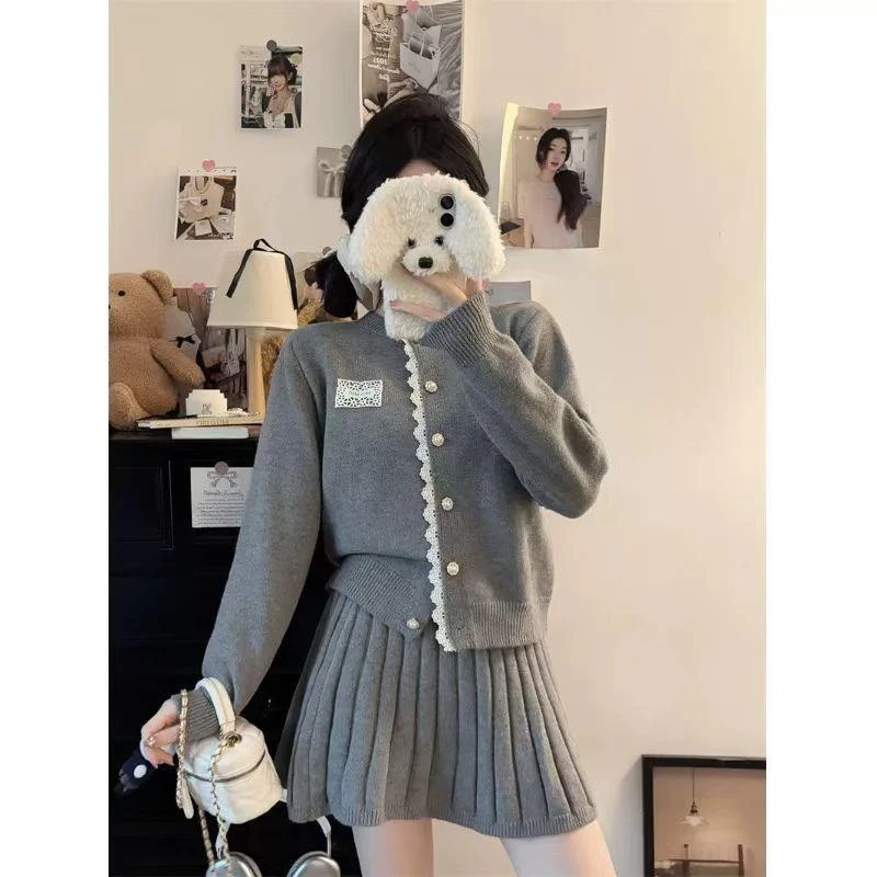 【万达撤柜】针织开衫上衣女秋冬叠穿超仙显瘦百褶半身裙两件套装