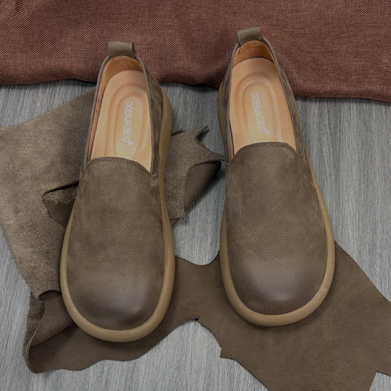 男士透气一脚蹬休闲复古皮鞋真皮百搭乐福鞋韩版英伦软底舒适男鞋