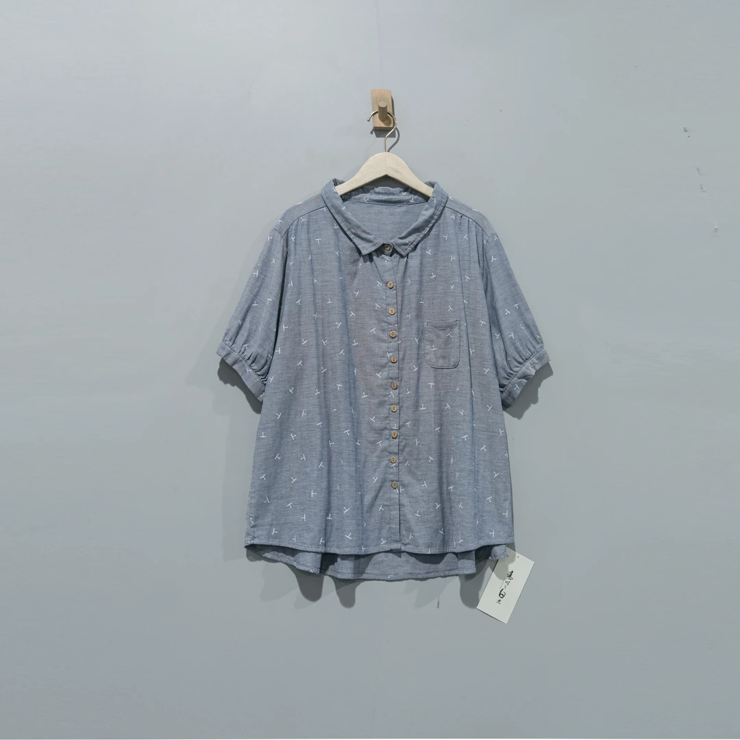 【且听风吟】0113656文艺棉翻领印花口袋百搭休闲衬衫衣长68胸围136