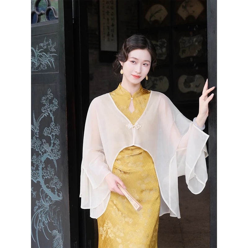 凌茜恣禾【明月】国风新中式杏色雪纺开衫温婉优雅气质氛围感开衫