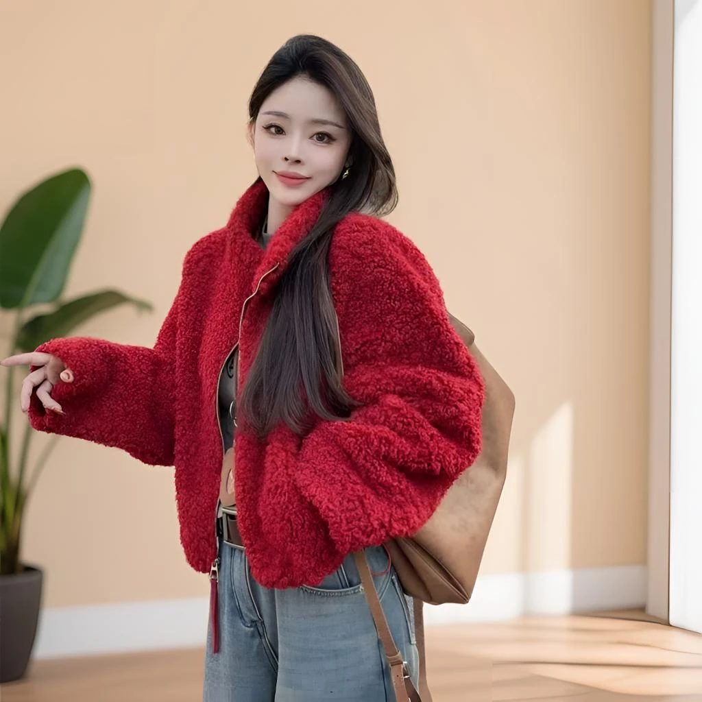 立领短款仿羊羔毛外套女2025冬季新款百搭网红小个子加厚保暖上衣