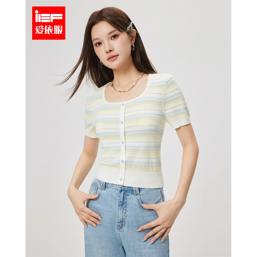 IEF/爱依服2025新款早秋季时尚百搭条纹设计感短袖上衣流光风