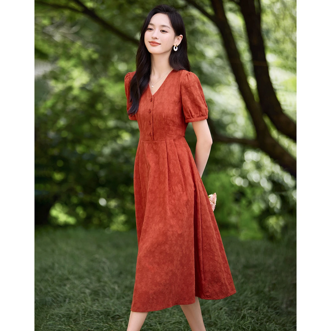 优雅V领连衣裙女夏季复古时尚气质A字裙法式收腰显瘦碎花裙高级感