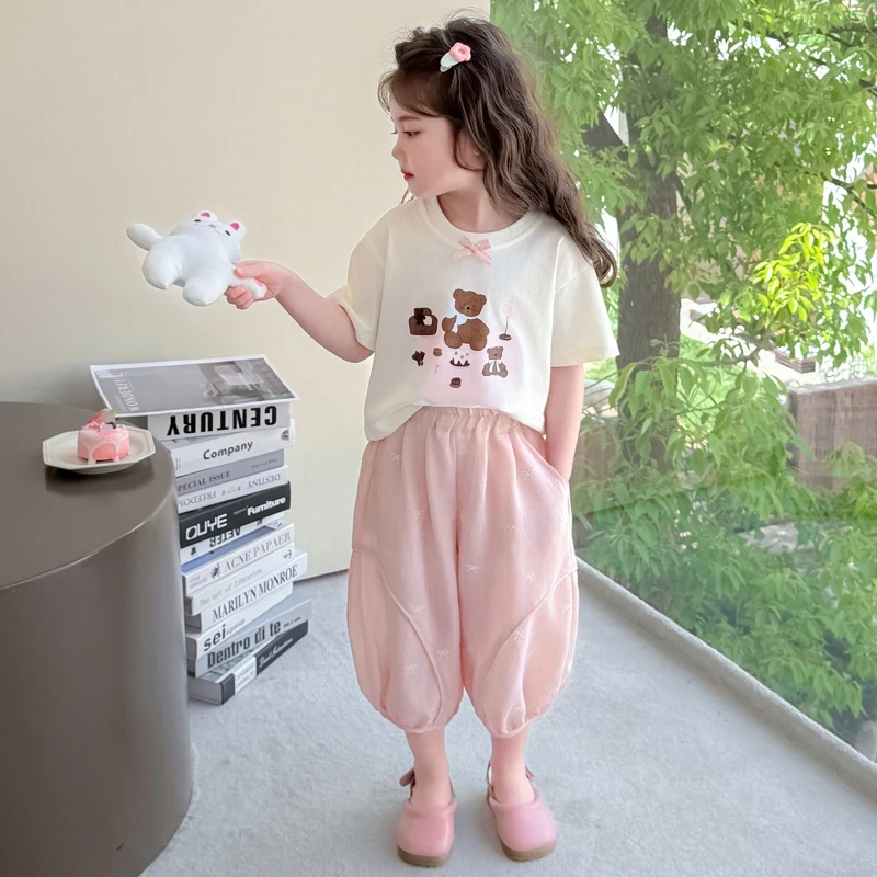 女童夏季套装2025新款儿童卡通短袖韩系休闲裤子女宝宝薄款两件套