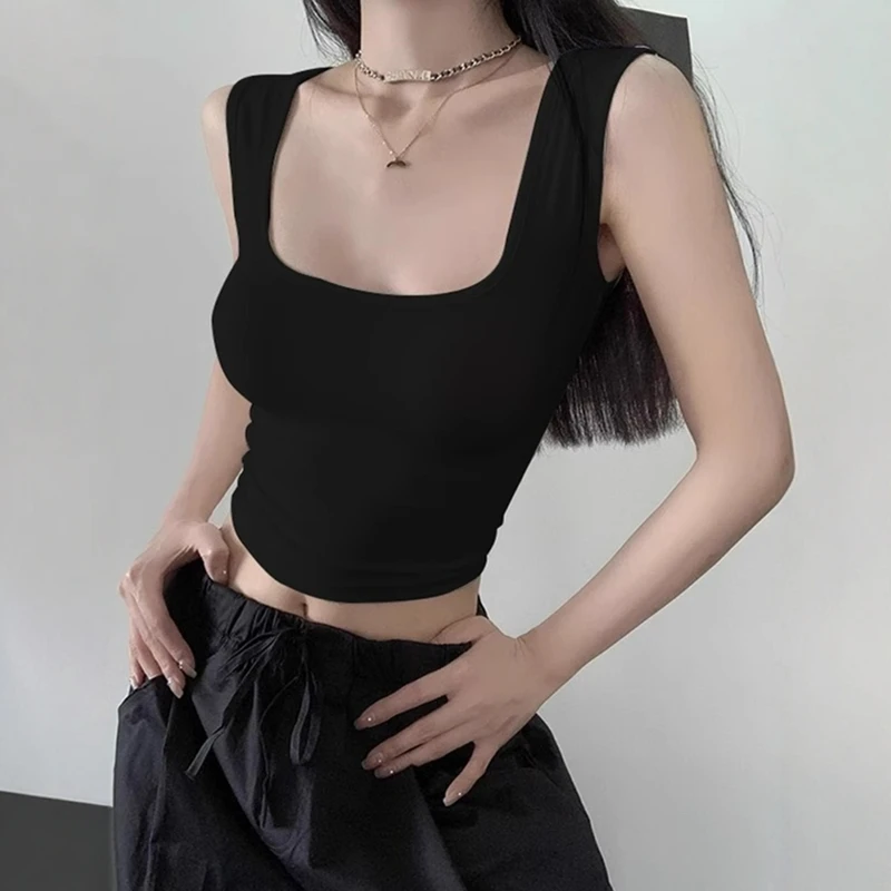 辣妹黑色方领针织吊带背心女夏季外穿美背遮副乳运动无袖短款上衣