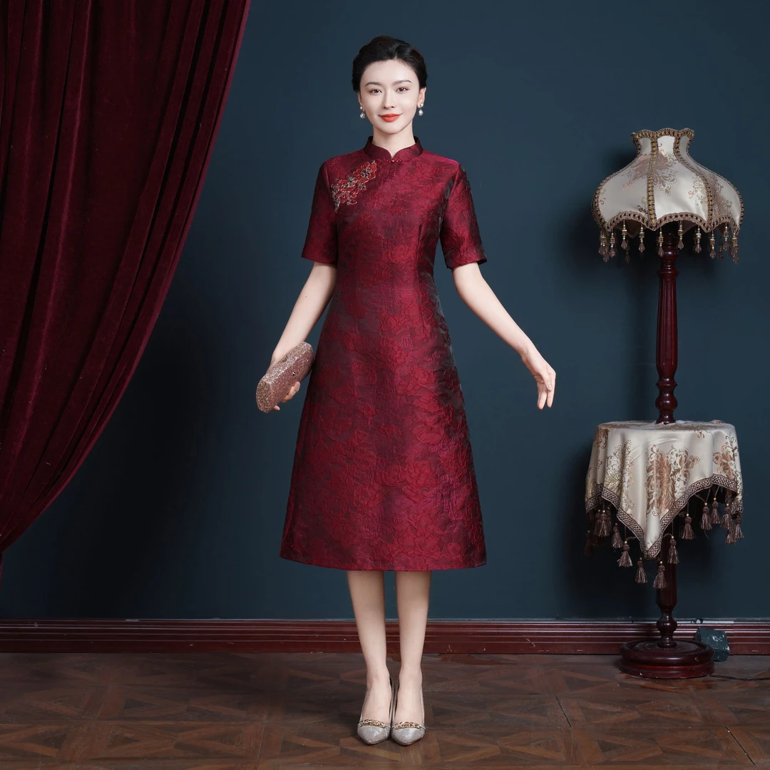 50802新款气质喜婆婆婚宴装夏季连衣裙喜妈妈高贵礼复古服裙子