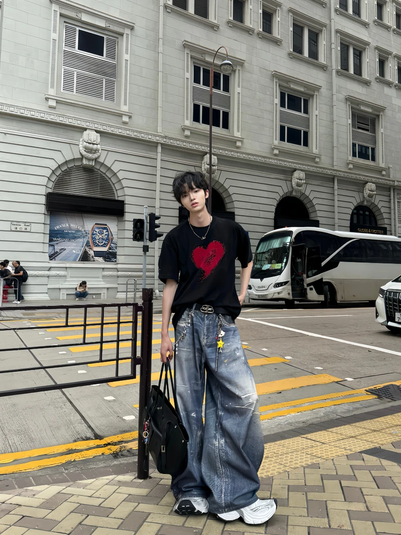 Desaturate 怦然心动植绒立体印花纯棉短袖T桖男夏季宽松半袖上衣