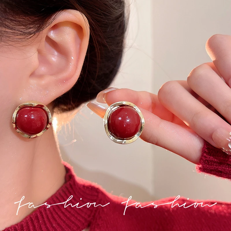 铜合金耳饰 【熔岩心跳】925银耳饰相思红豆耳钉新款2025爆款