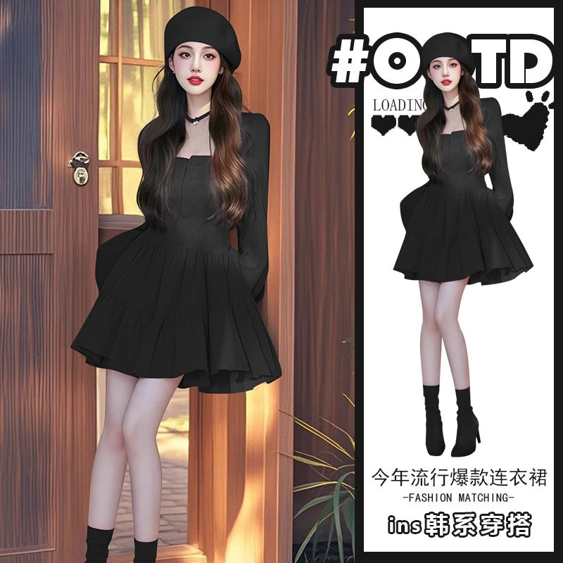 2025新款赫本风黑色长袖连衣裙女小个子气质纯欲辣妹方领小黑裙潮