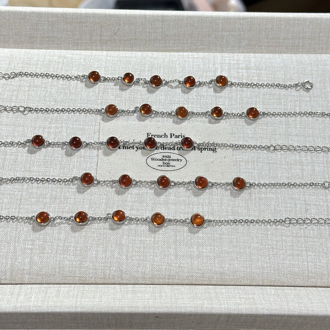 天然橙红石榴石925银底托手链