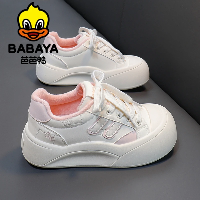 芭芭鸭大童棉鞋厚底板鞋女2025冬季鞋子加绒面包鞋学生保暖小白鞋