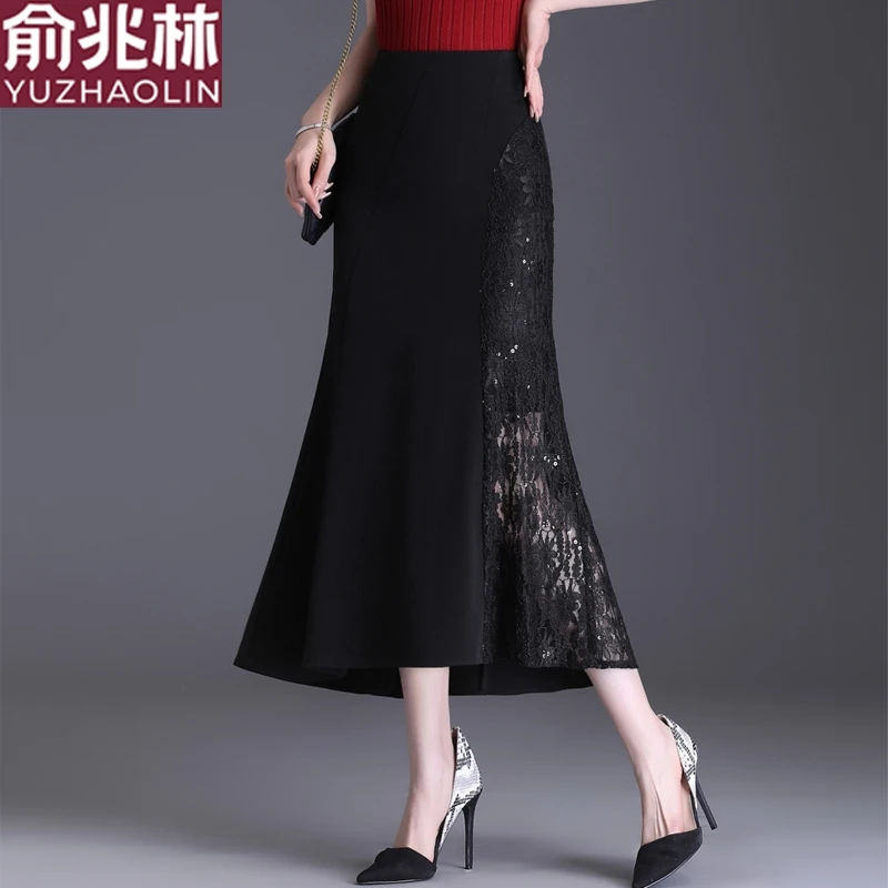俞兆林鱼尾裙女2025春夏新款设计感蕾丝拼接不规则修身一步包臀裙
