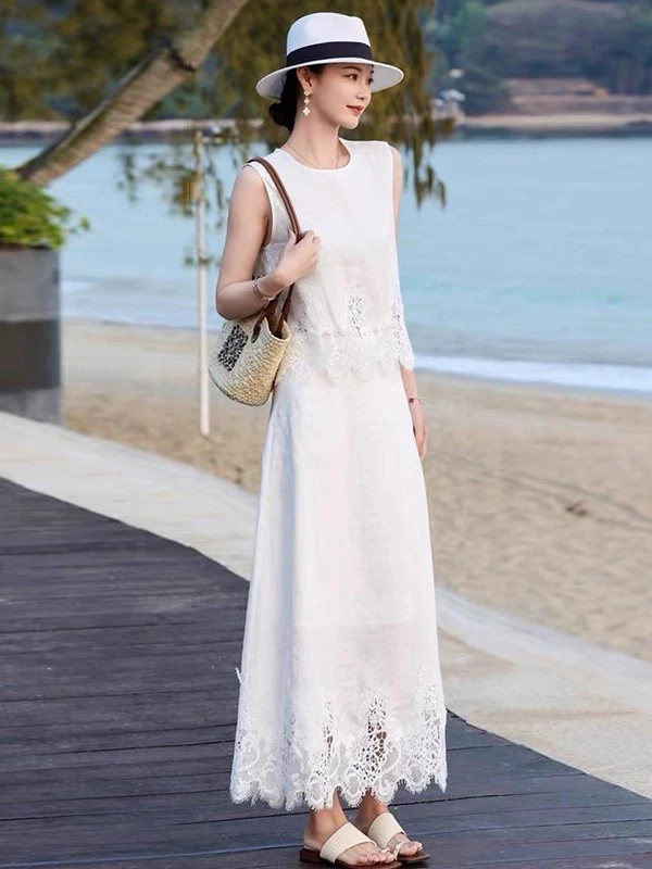 时尚蕾丝拼接无袖上衣半身裙两件套女2025夏季新款高级感气质套装