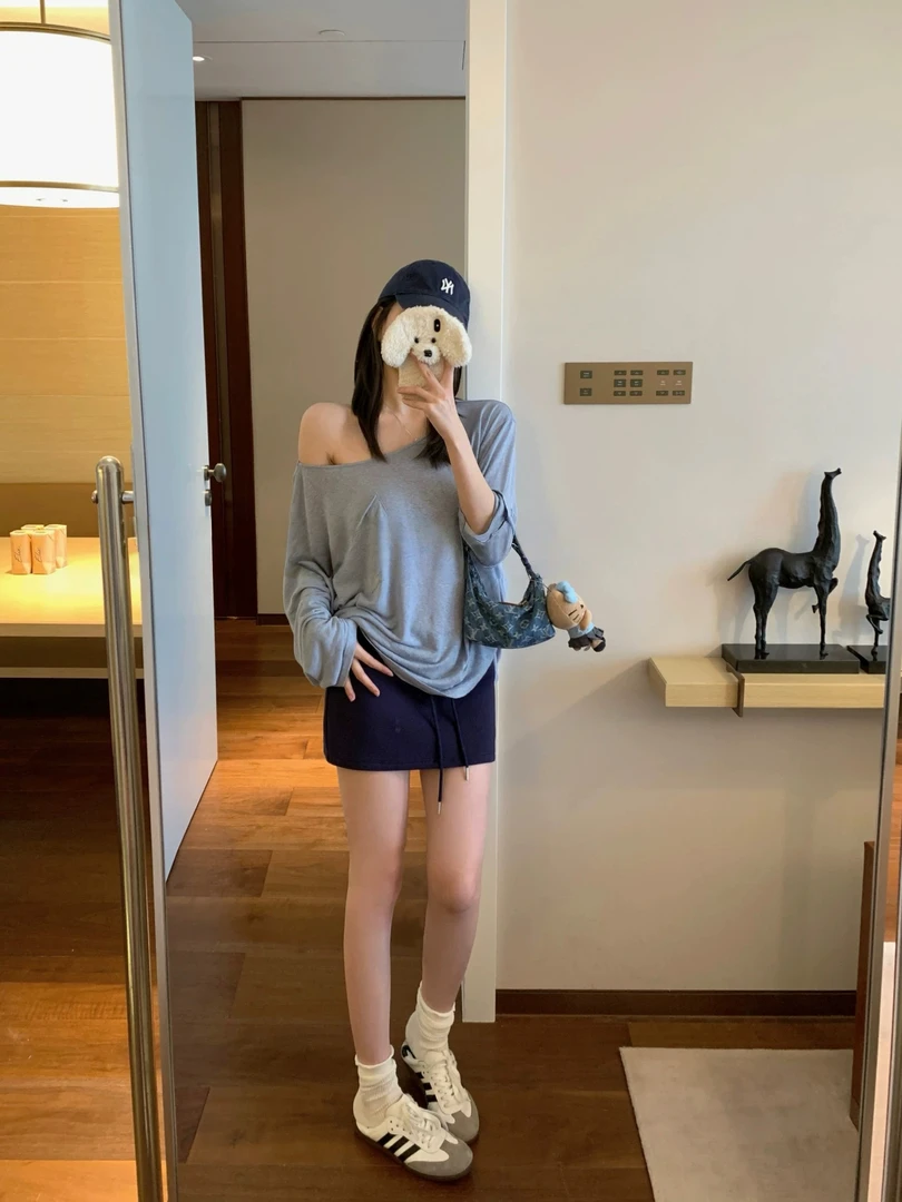 松弛慵懒显瘦T恤休闲百搭斜肩防晒上衣低腰半身裙女双口袋设6531