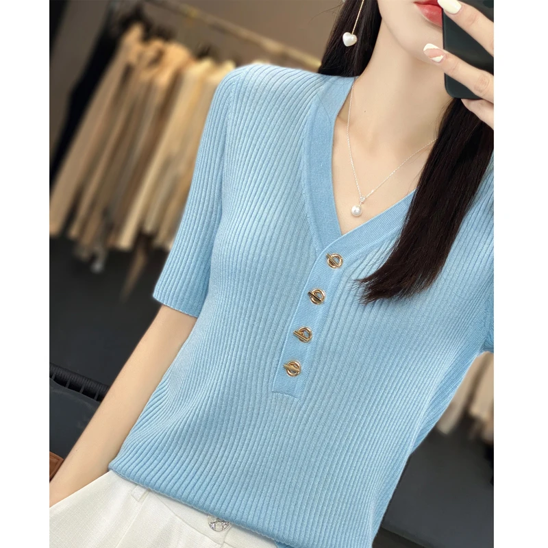 【新品上新】  精纺羊毛 短袖女春夏季V领背心五分袖打底衫针织毛衣