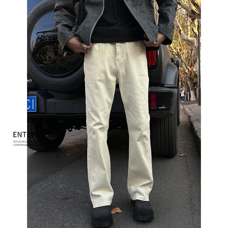 Entong美式复古高街vibe微喇牛仔裤男生立体剪裁修身直筒男士长裤