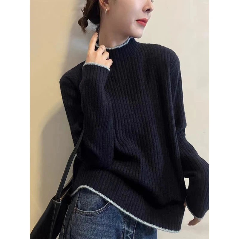 半高领坑条长袖针织衫女秋冬高级感洋气显瘦减龄内搭打底毛衣上衣