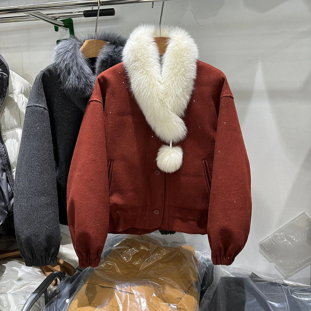 狐狸毛领羽绒红色毛呢外套女冬新款韩版高级感小个子白鸭绒呢大衣