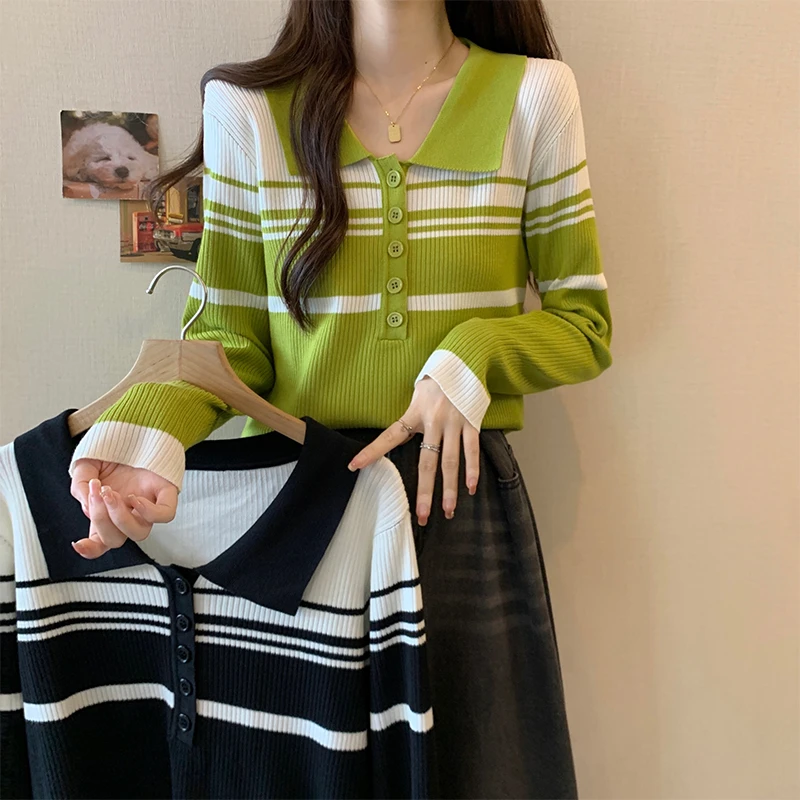 0506 大码女装秋冬新款宽松显瘦条纹针织衫胖妹妹毛上衣女