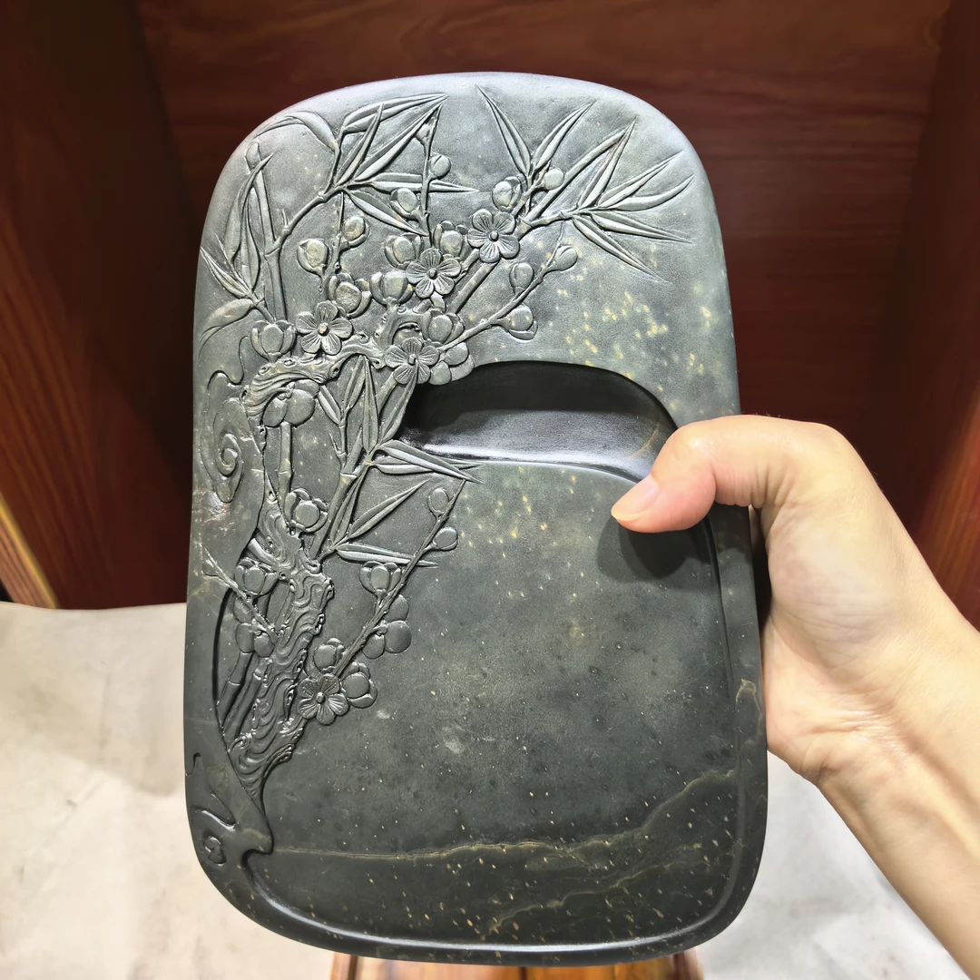 歙砚大金星坑金星金晕梅竹雕刻砚台文房精品收藏实用22*14.5*3