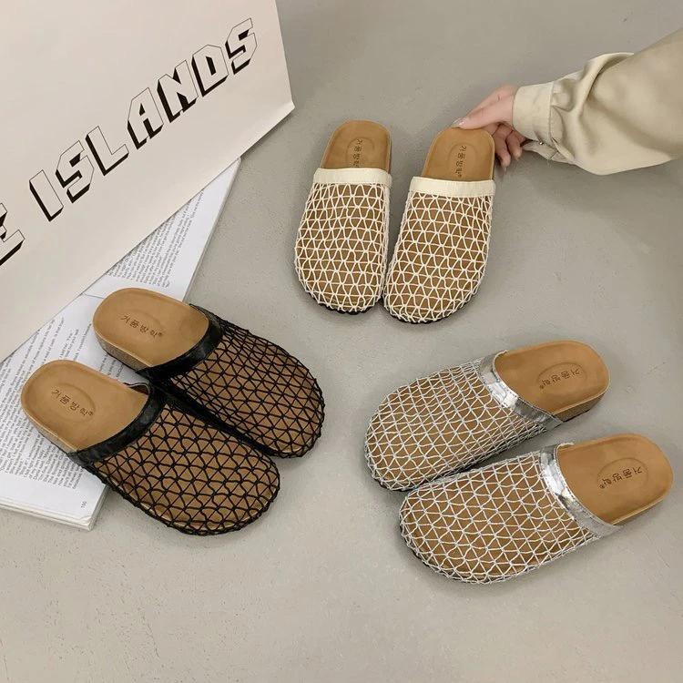 2025新款包头拖鞋女外穿夏季小众编织网面镂空凉鞋透气坡跟渔网鞋
