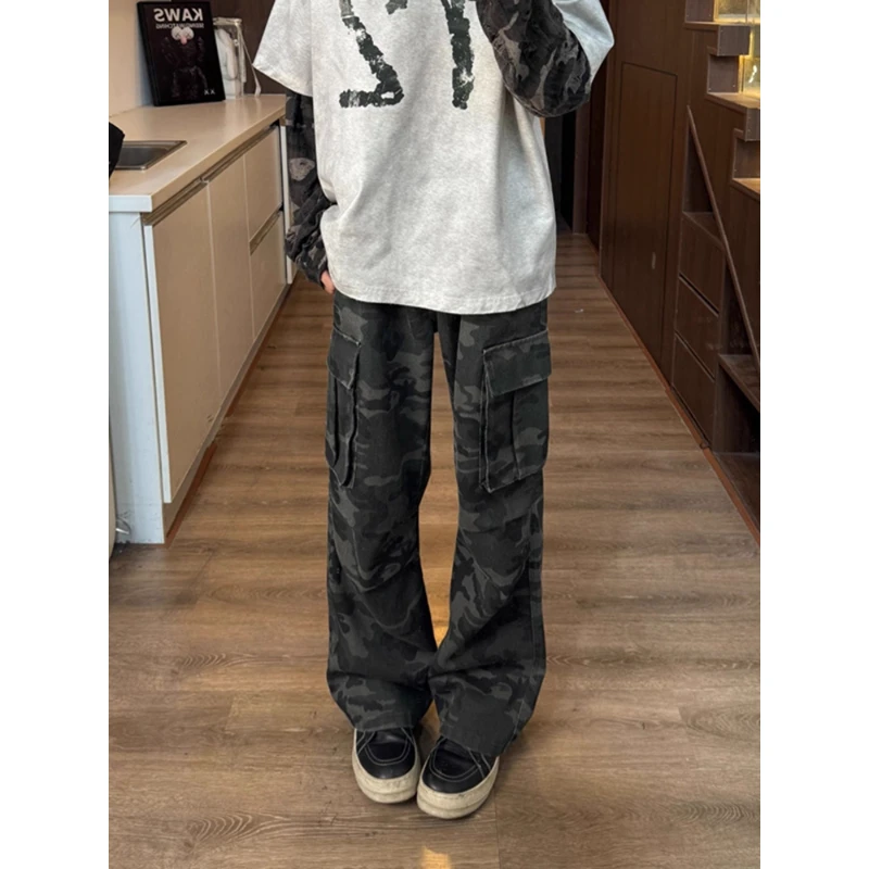 -EQME-美式hiphop迷彩工装裤男春秋高腰显瘦vibe裤子潮牌痞帅裤子