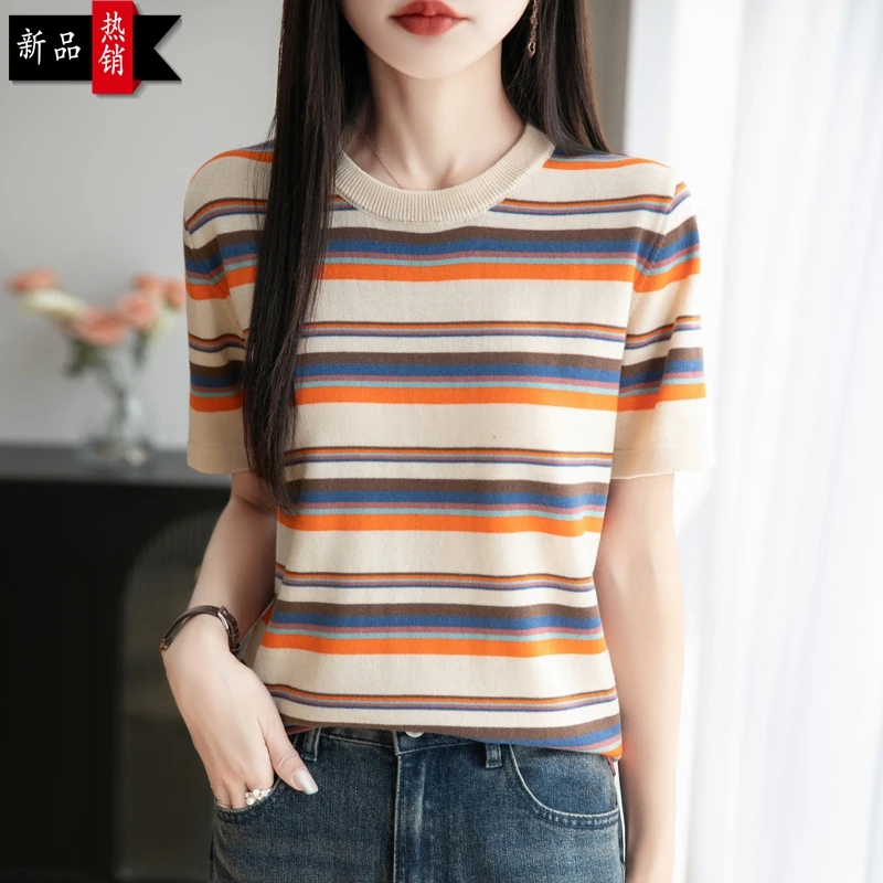 哥弟阿玛施正品夏季新款纯棉短袖针织衫女拼色圆领洋气显瘦上衣