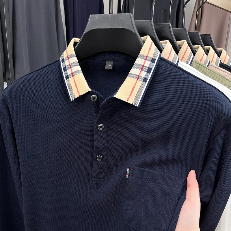 100%纯棉翻领POLO衫男纯色百搭长袖T恤内搭打底衫春秋重磅上衣潮